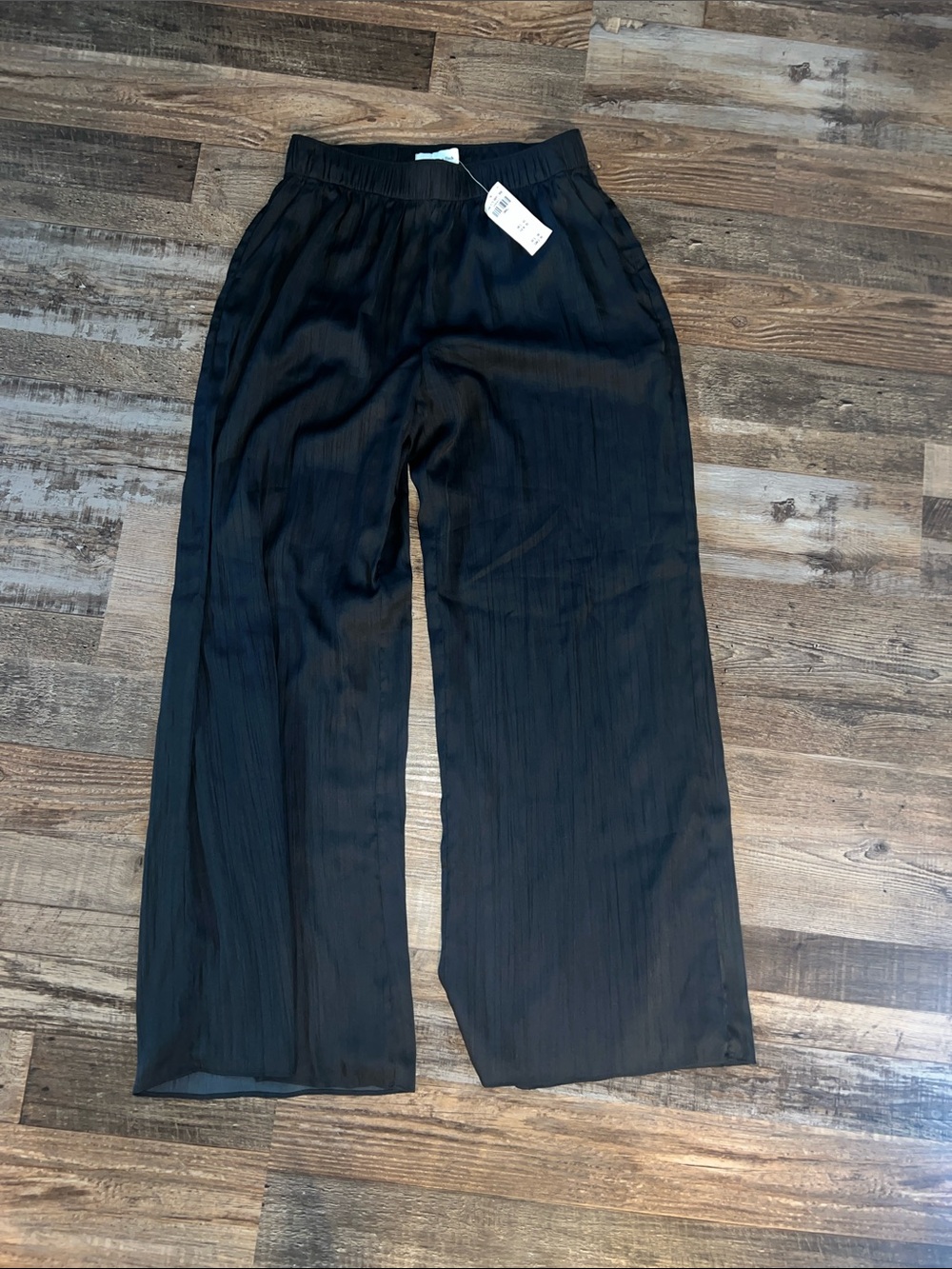 Black Crinkle Satin Wide-Leg Pull-On Pants with Elastic Waist